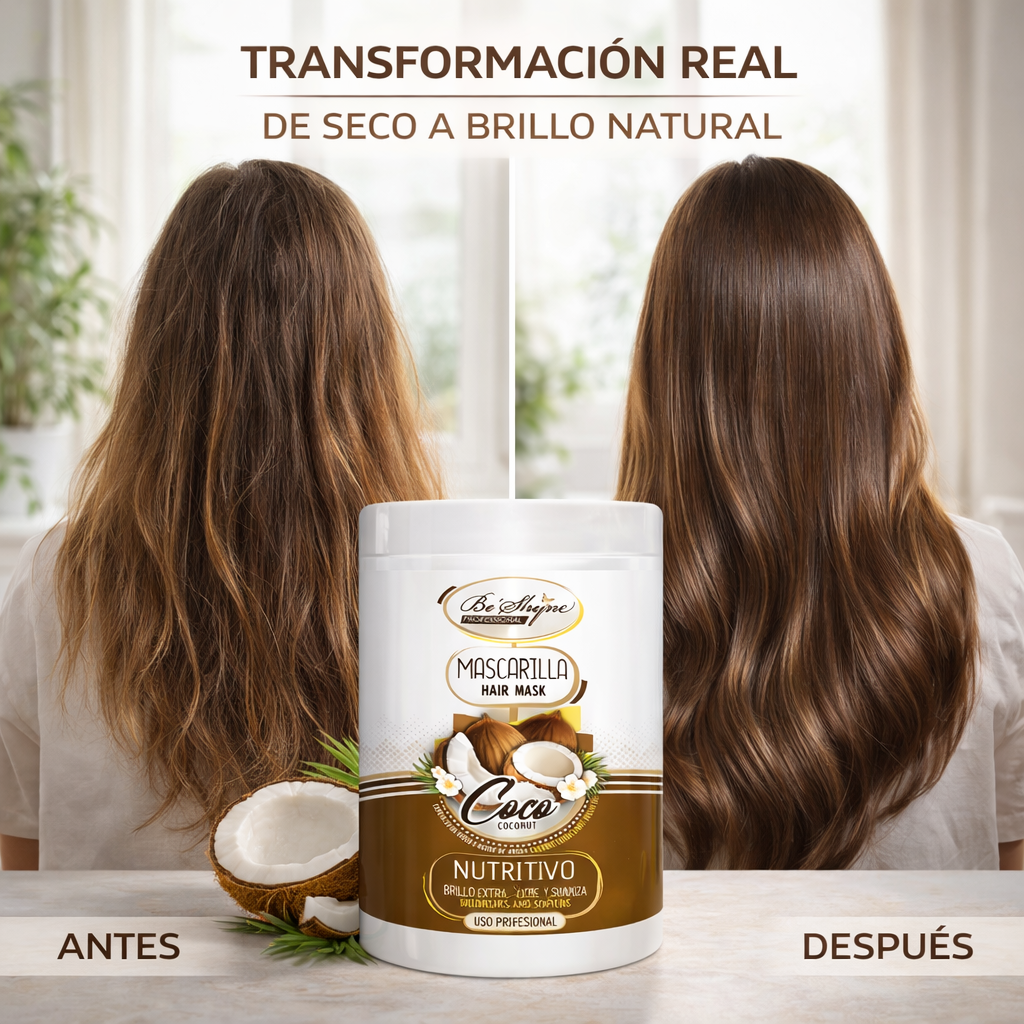 Be´Shyne® - Mascarilla Nutritiva de Coco y Aceite de Argán para Cabello Seco 1L