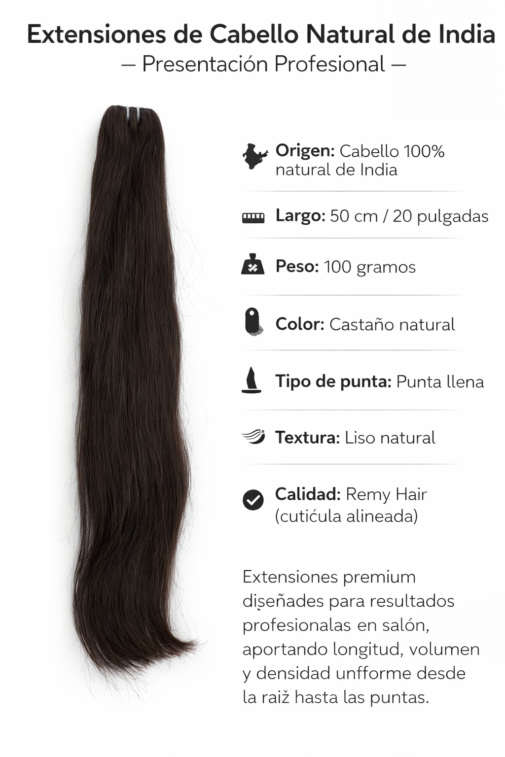 Inizia – Extensiones de Cabello Natural de India Remy Liso Punta Llena