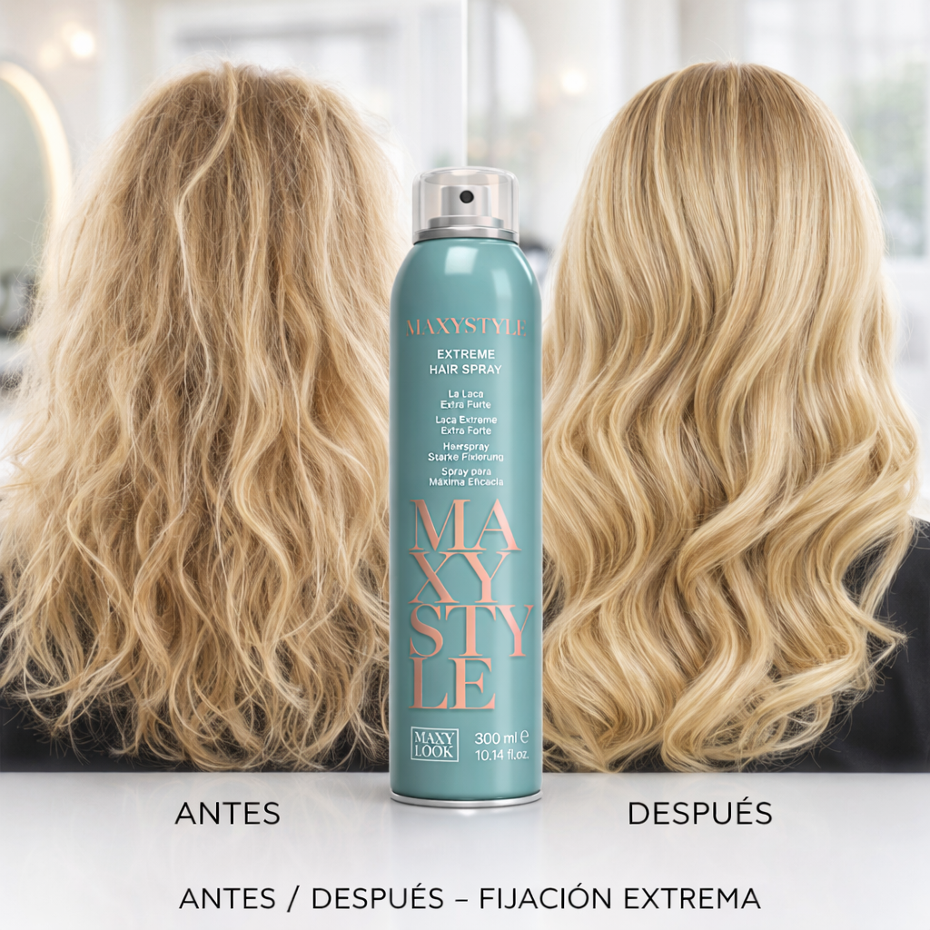 MAXYSTYLE – Spray Capilar Fijación Extrema con Aceite de Aguacate y Macadamia para Peinados Profesionales 300ml