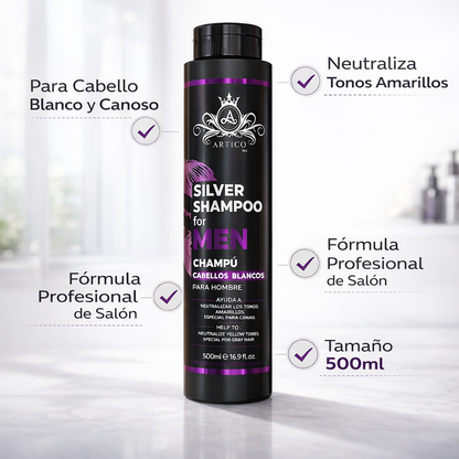Artico MEN – Champú No Yellow neutralizante de tonos amarillos para cabello rubio, gris o blanco (500 g)