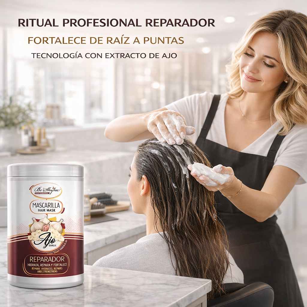 Be’Shyne® - Mascarilla Reparadora de Ajo y Queratina para Cabello Dañado;1L
